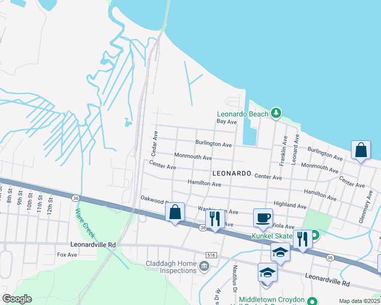 map of restaurants, bars, coffee shops, grocery stores, and more near 415 Monmouth Avenue in Middletown Township
