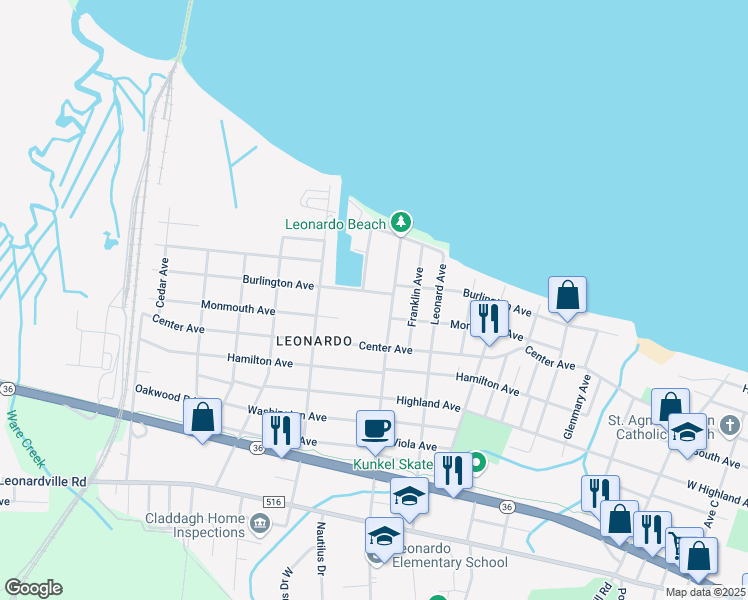 map of restaurants, bars, coffee shops, grocery stores, and more near 58 Burlington Avenue in Leonardo