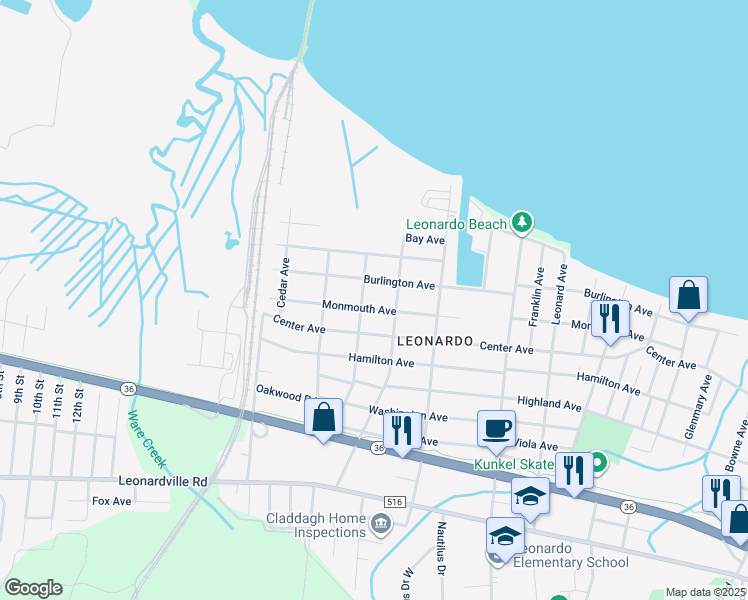 map of restaurants, bars, coffee shops, grocery stores, and more near 395 Monmouth Avenue in Middletown Township