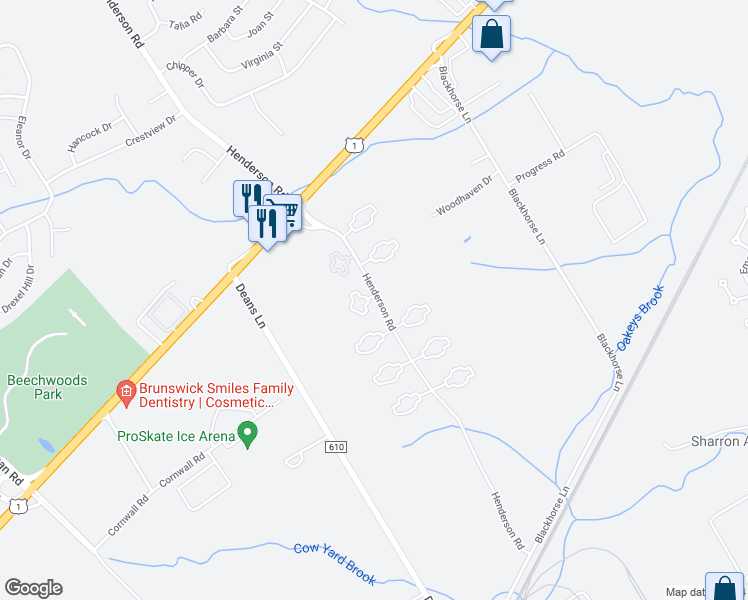 map of restaurants, bars, coffee shops, grocery stores, and more near 106 Royal Oaks Court in South Brunswick Township