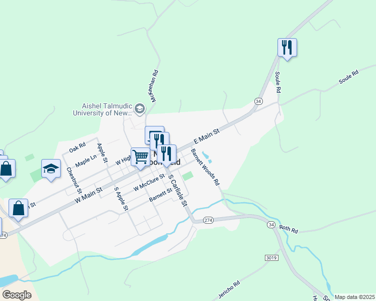 map of restaurants, bars, coffee shops, grocery stores, and more near 40 East Main Street in New Bloomfield