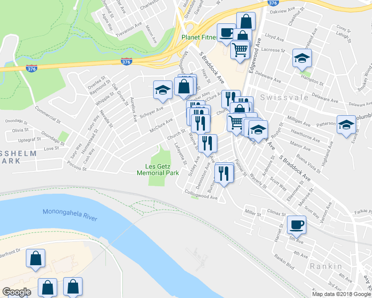 map of restaurants, bars, coffee shops, grocery stores, and more near 1926 Monroe Street in Pittsburgh