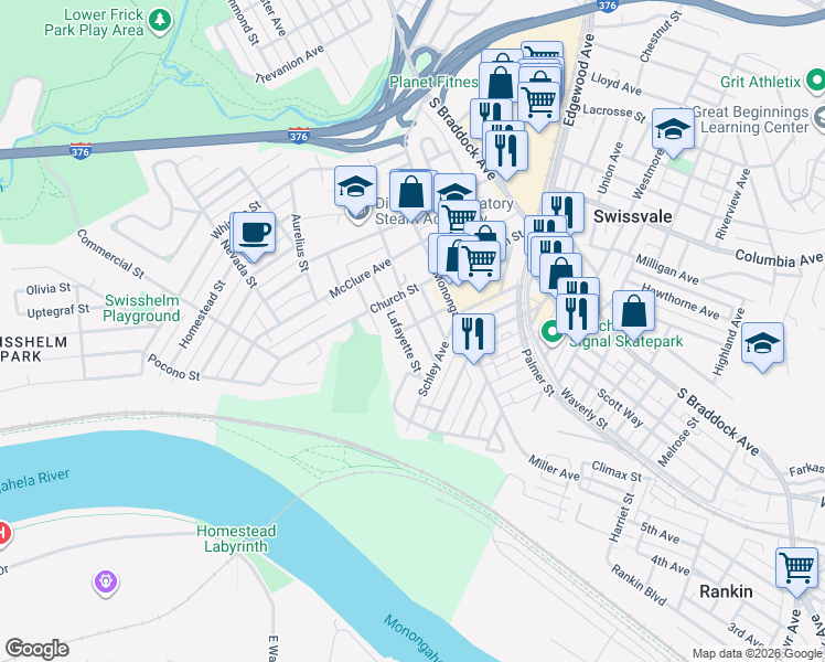 map of restaurants, bars, coffee shops, grocery stores, and more near 1926 Monroe Street in Pittsburgh