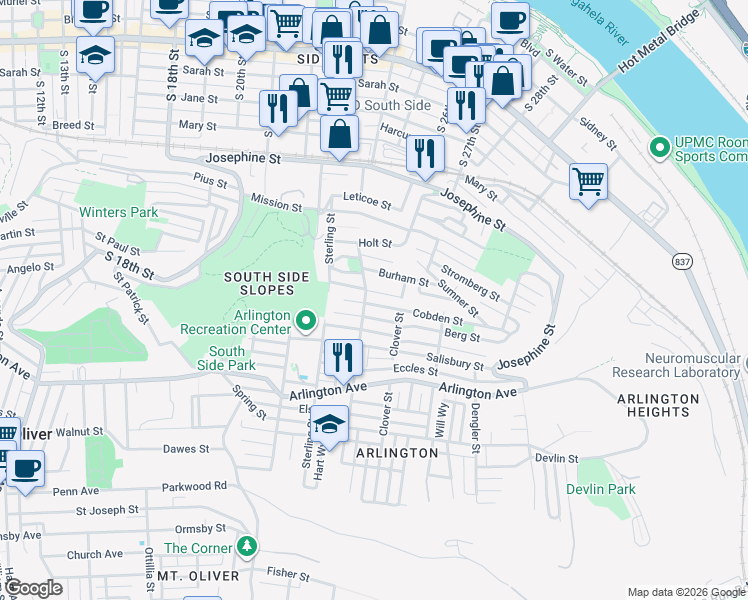 map of restaurants, bars, coffee shops, grocery stores, and more near 2334 Wellington Street in Pittsburgh