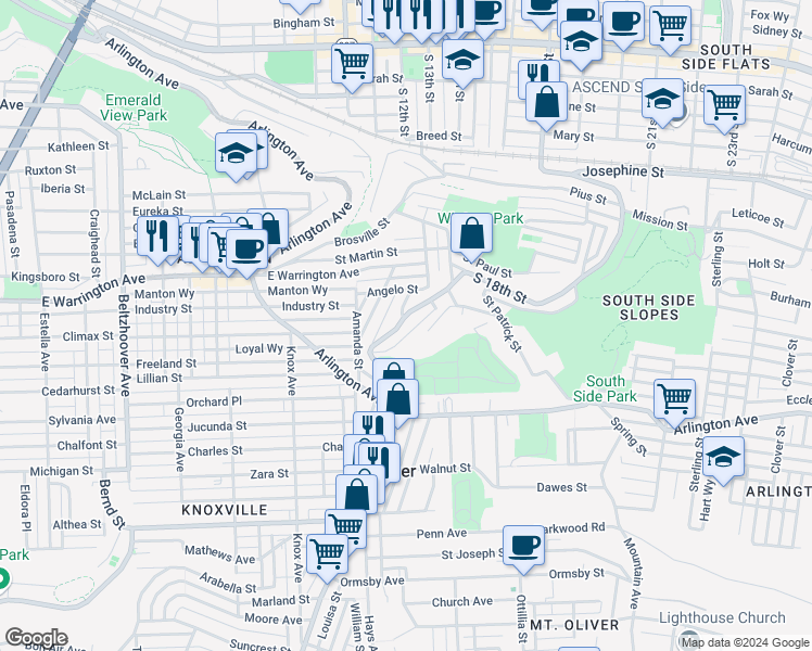map of restaurants, bars, coffee shops, grocery stores, and more near 2629 South 18th Street in Pittsburgh