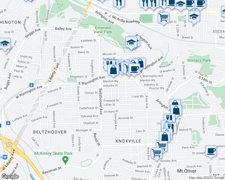 map of restaurants, bars, coffee shops, grocery stores, and more near 210 Walter Street in Pittsburgh