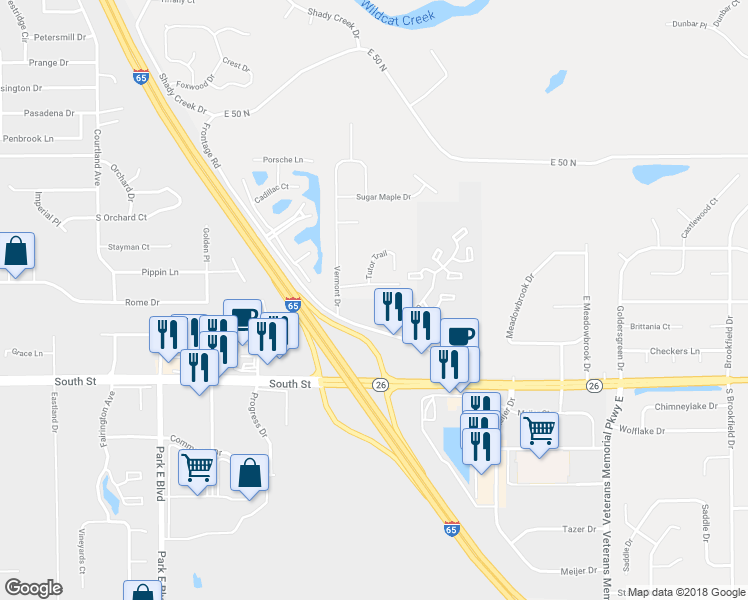 map of restaurants, bars, coffee shops, grocery stores, and more near 100 Timber Trail Drive in Lafayette