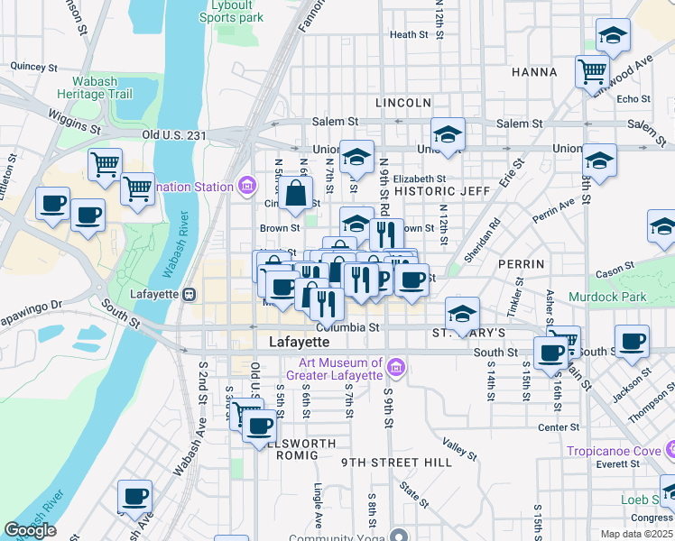 map of restaurants, bars, coffee shops, grocery stores, and more near 725E North Street in Lafayette