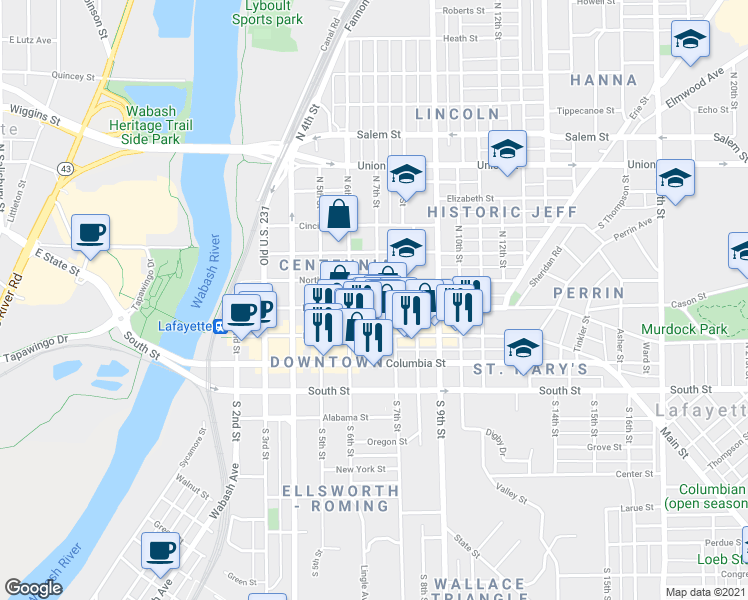 map of restaurants, bars, coffee shops, grocery stores, and more near 725E North Street in Lafayette