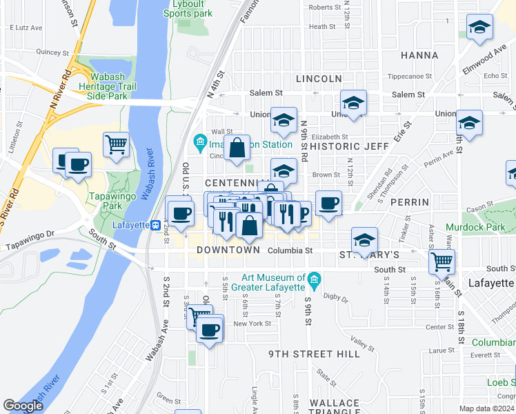 map of restaurants, bars, coffee shops, grocery stores, and more near 638 North Street in Lafayette