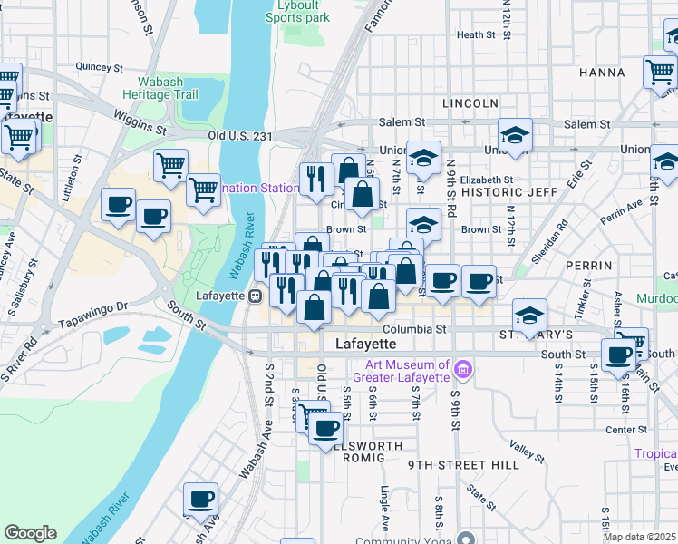 map of restaurants, bars, coffee shops, grocery stores, and more near 306 North 5th Street in Lafayette