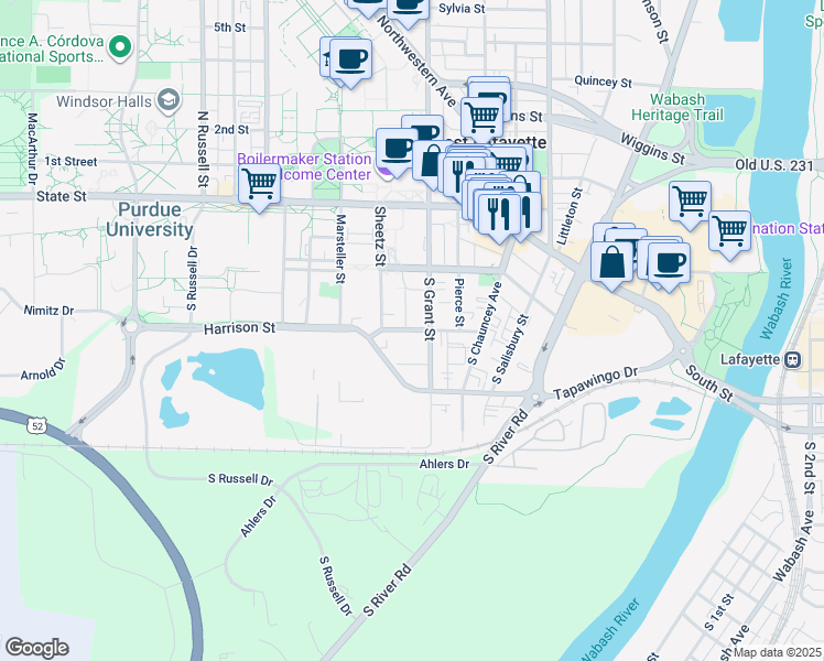 map of restaurants, bars, coffee shops, grocery stores, and more near 422 Harrison Street in West Lafayette
