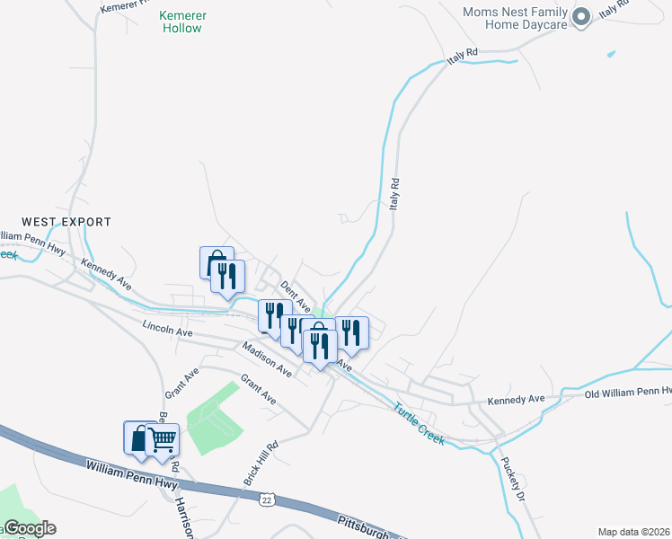 map of restaurants, bars, coffee shops, grocery stores, and more near 5920 Lee Ave in Export