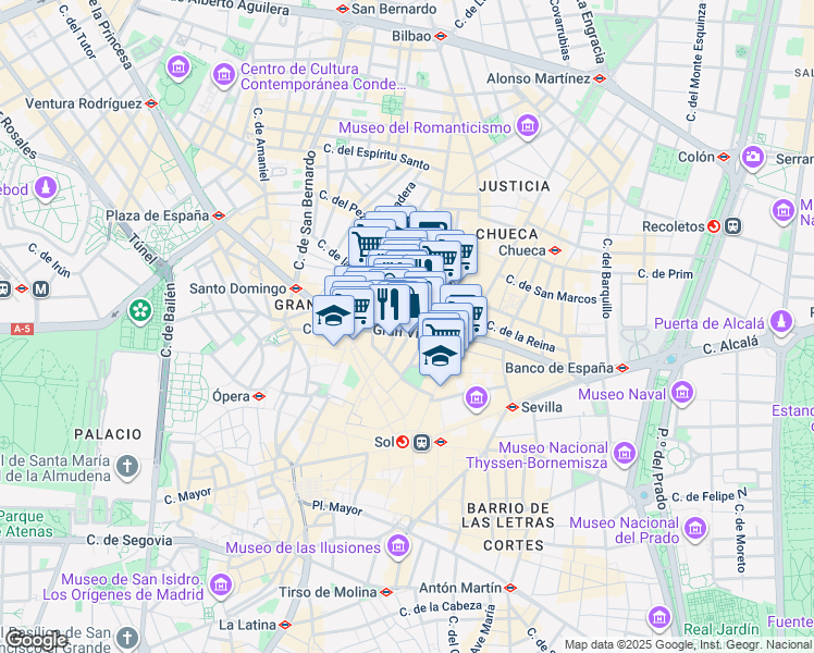 map of restaurants, bars, coffee shops, grocery stores, and more near 32 Gran Vía in Madrid