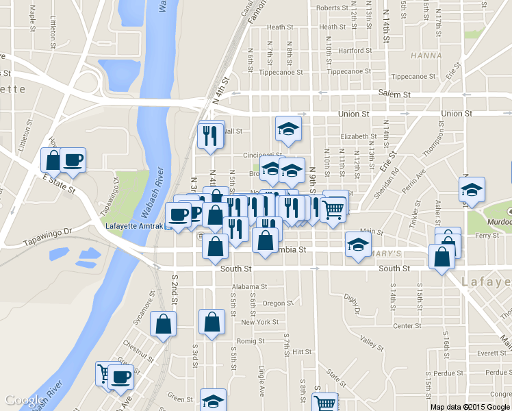 map of restaurants, bars, coffee shops, grocery stores, and more near 315 N 6th St in Lafayette