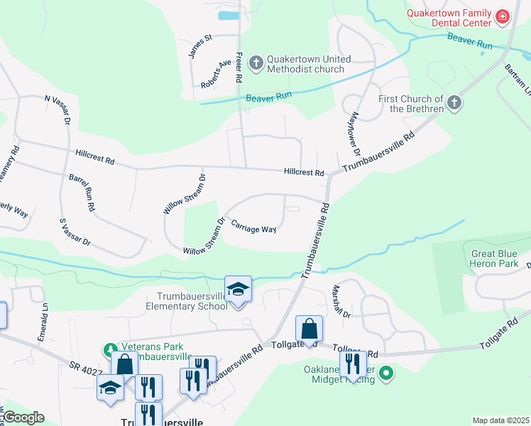 map of restaurants, bars, coffee shops, grocery stores, and more near 406 Bedford Court in Quakertown