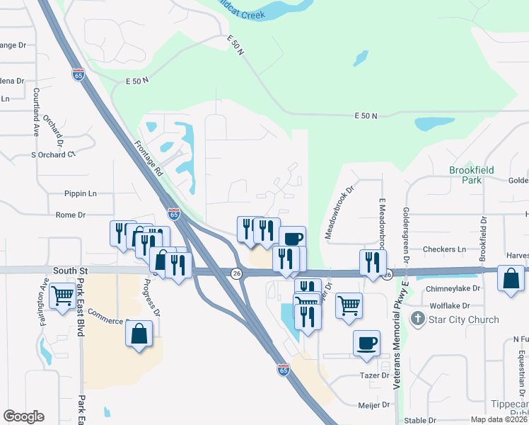 map of restaurants, bars, coffee shops, grocery stores, and more near 151 Frontage Road in Lafayette
