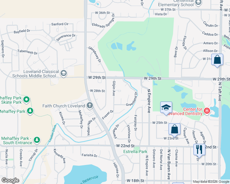 map of restaurants, bars, coffee shops, grocery stores, and more near 2744 Gilpin Avenue in Loveland