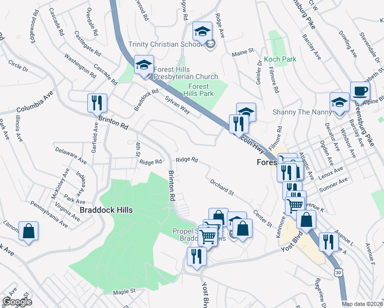 map of restaurants, bars, coffee shops, grocery stores, and more near 160 Fairfax Road in Pittsburgh