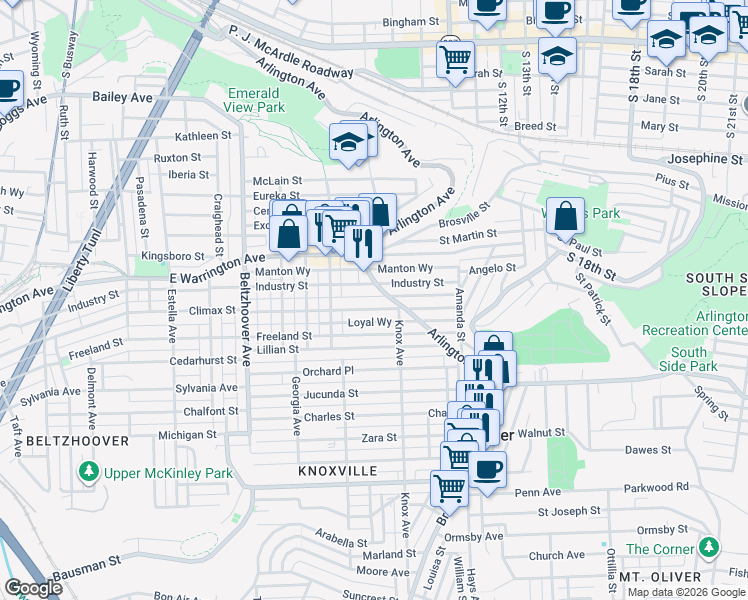 map of restaurants, bars, coffee shops, grocery stores, and more near 841 Proctor Way in Pittsburgh