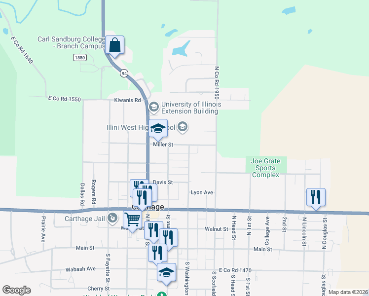 map of restaurants, bars, coffee shops, grocery stores, and more near 700-714 Miller Street in Carthage