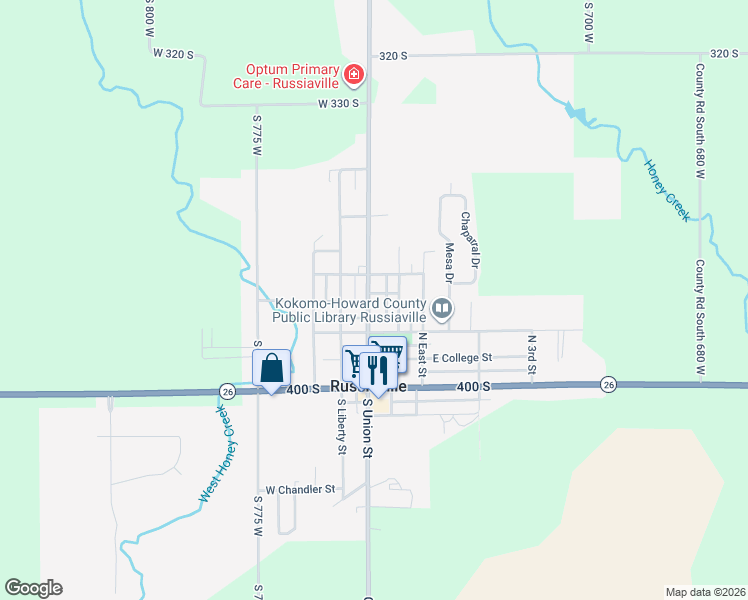 map of restaurants, bars, coffee shops, grocery stores, and more near 360 North Union Street in Russiaville