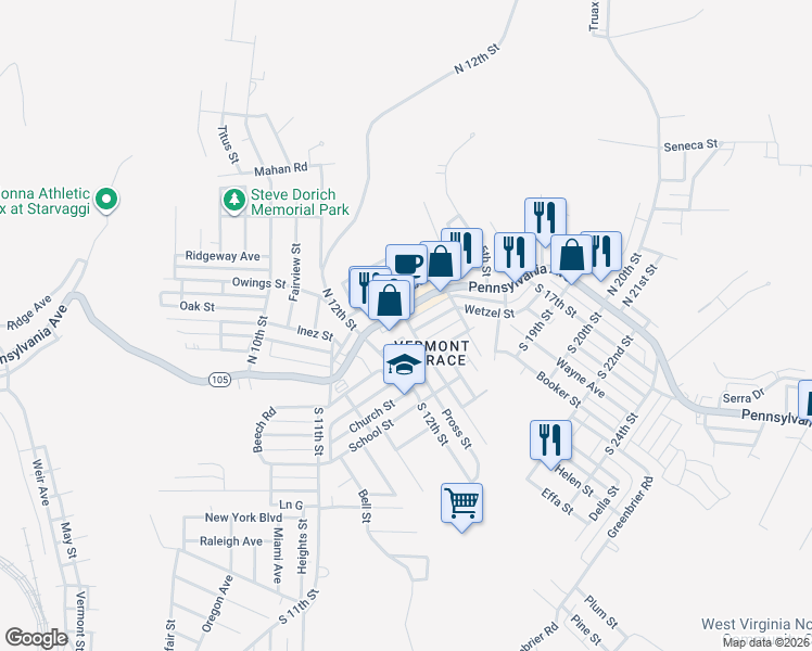 map of restaurants, bars, coffee shops, grocery stores, and more near 102 South 13th Street in Weirton