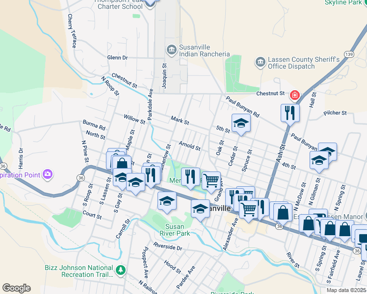 map of restaurants, bars, coffee shops, grocery stores, and more near 1100 Arnold Street in Susanville