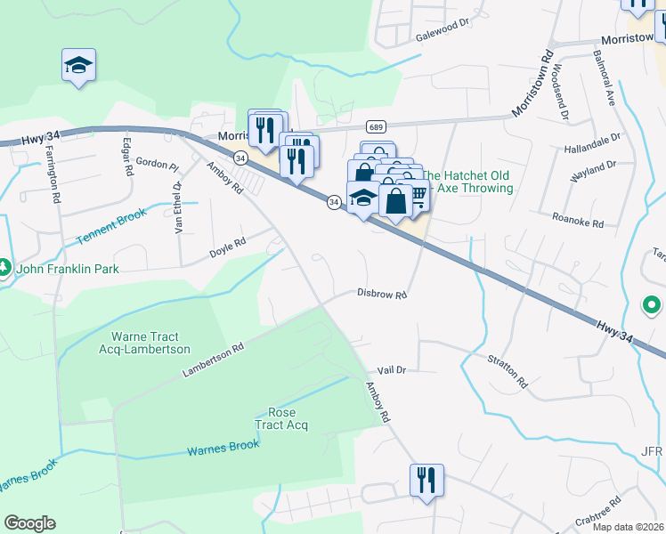map of restaurants, bars, coffee shops, grocery stores, and more near 18 Knoll Court in Matawan