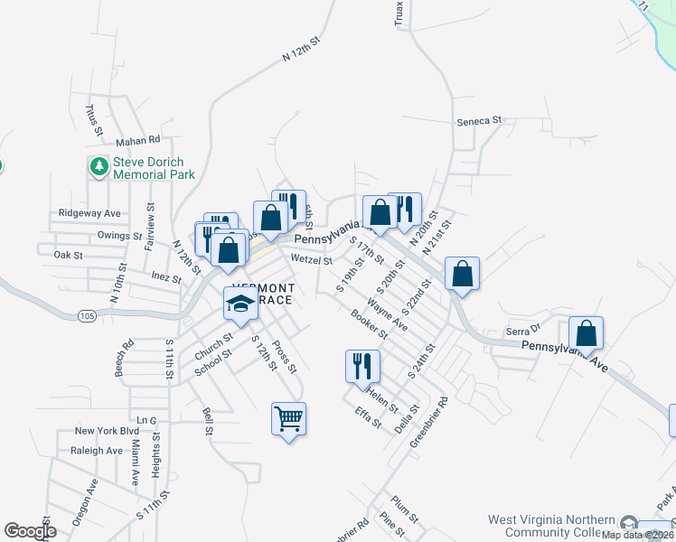 map of restaurants, bars, coffee shops, grocery stores, and more near 211 Wayne Ave in Weirton