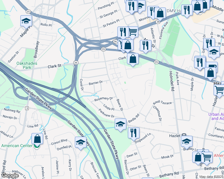 map of restaurants, bars, coffee shops, grocery stores, and more near 534 Beers Street in Hazlet