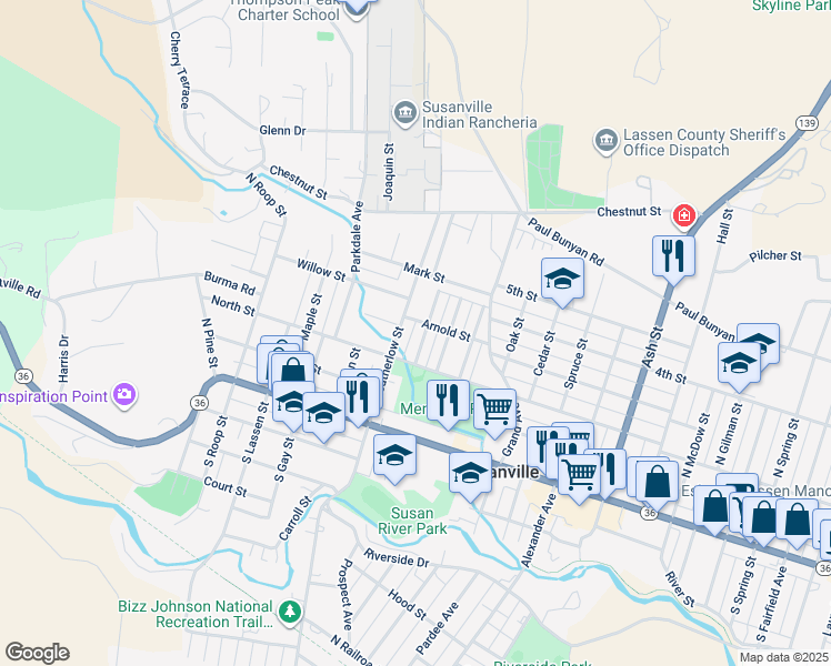 map of restaurants, bars, coffee shops, grocery stores, and more near 264 Martha Street in Susanville