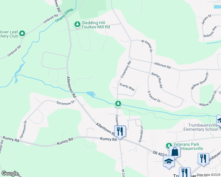 map of restaurants, bars, coffee shops, grocery stores, and more near 1756 Creamery Road in Quakertown