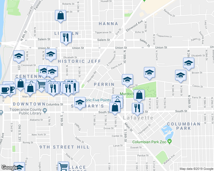 map of restaurants, bars, coffee shops, grocery stores, and more near 1502 Cason Street in Lafayette