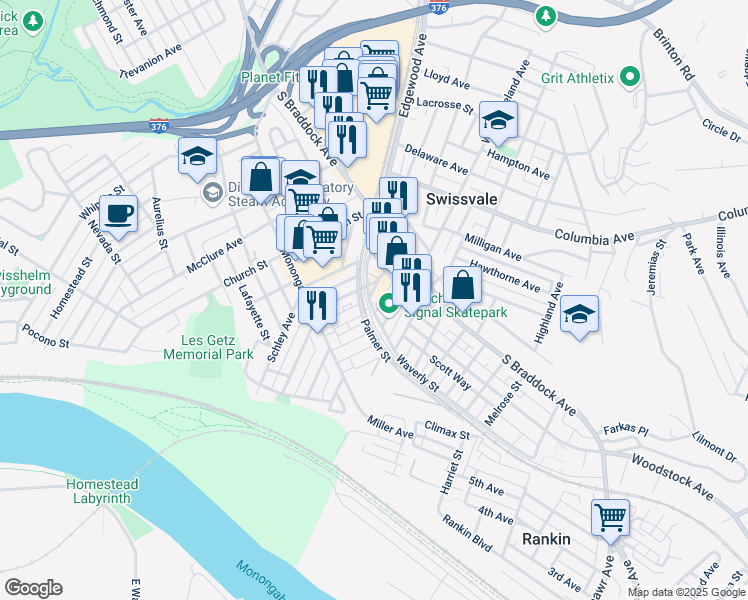 map of restaurants, bars, coffee shops, grocery stores, and more near 7500 Washington Avenue in Swissvale