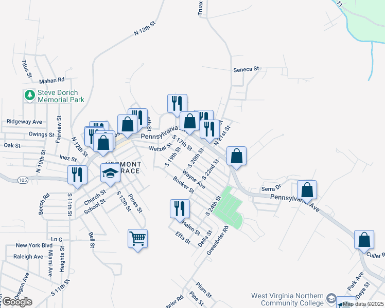 map of restaurants, bars, coffee shops, grocery stores, and more near 113 South 19th Street in Weirton
