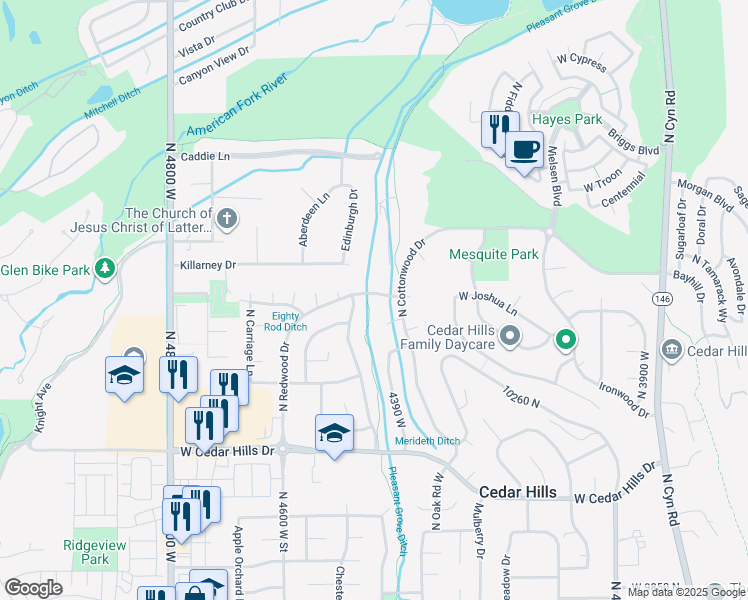 map of restaurants, bars, coffee shops, grocery stores, and more near 4431 West Redwood Drive in Cedar Hills