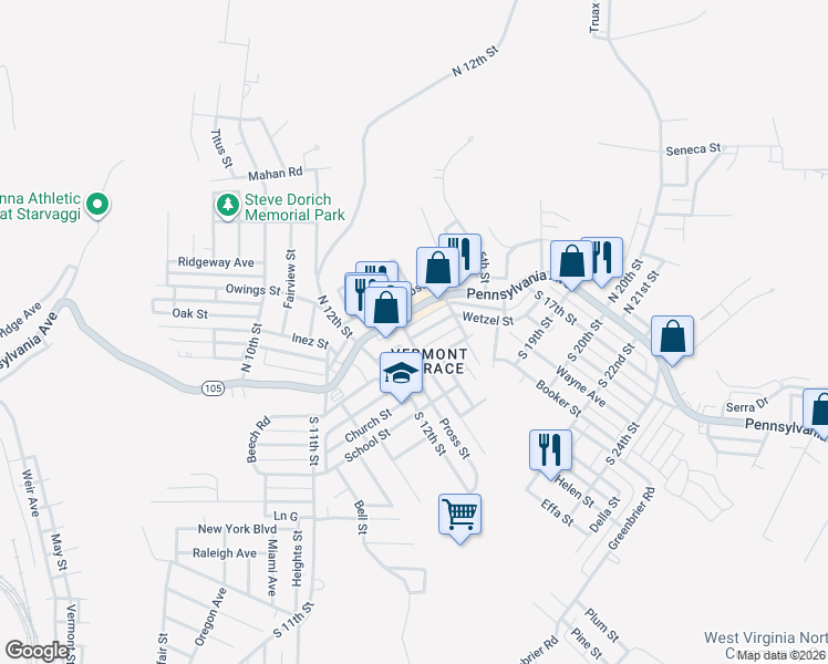 map of restaurants, bars, coffee shops, grocery stores, and more near 102 South 13th Street in Weirton