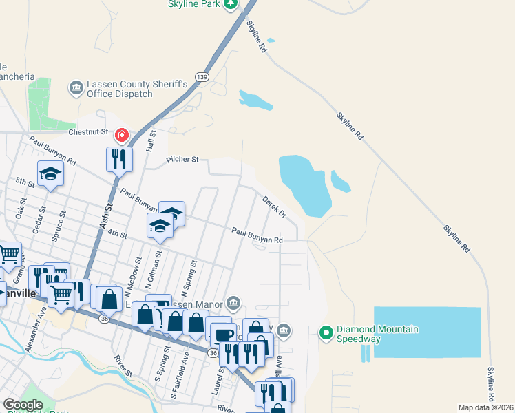 map of restaurants, bars, coffee shops, grocery stores, and more near 575 North Mesa Street in Susanville