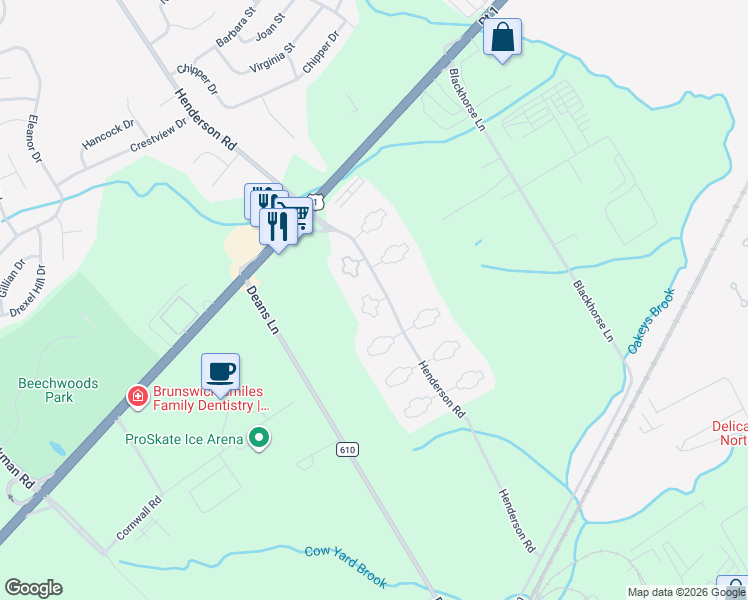 map of restaurants, bars, coffee shops, grocery stores, and more near 1 Royal Oaks Court in South Brunswick Township
