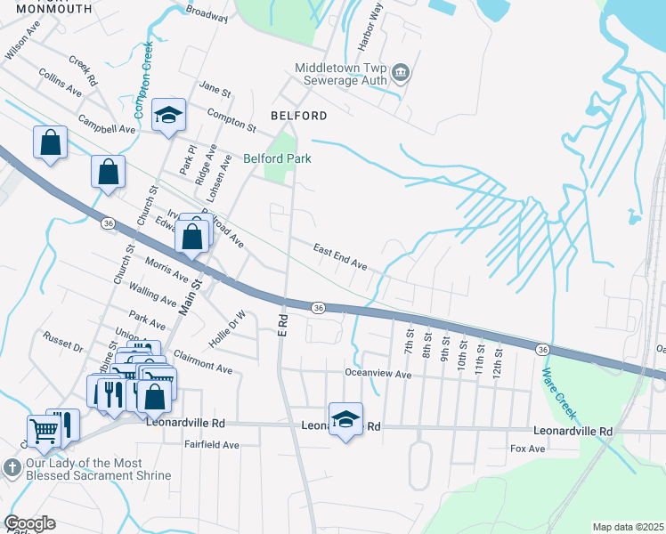 map of restaurants, bars, coffee shops, grocery stores, and more near 74 3rd Street in Belford
