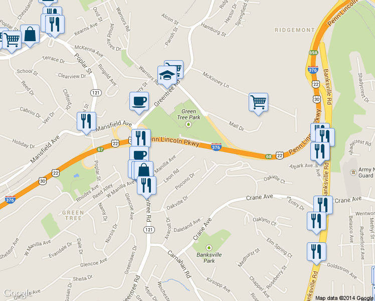 map of restaurants, bars, coffee shops, grocery stores, and more near 122 East Manilla Avenue in Pittsburgh