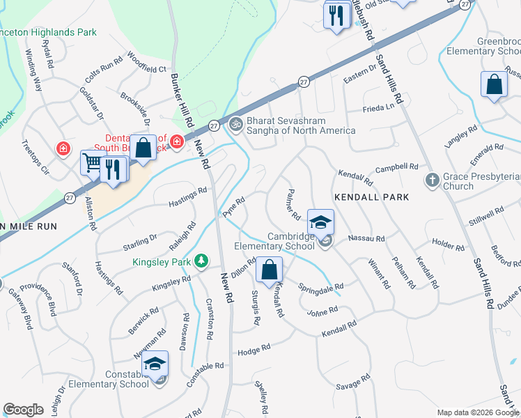map of restaurants, bars, coffee shops, grocery stores, and more near 31 Kendall Road in South Brunswick Township