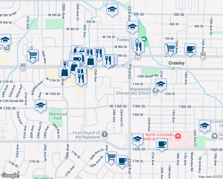 map of restaurants, bars, coffee shops, grocery stores, and more near 1104 24th Avenue in Greeley