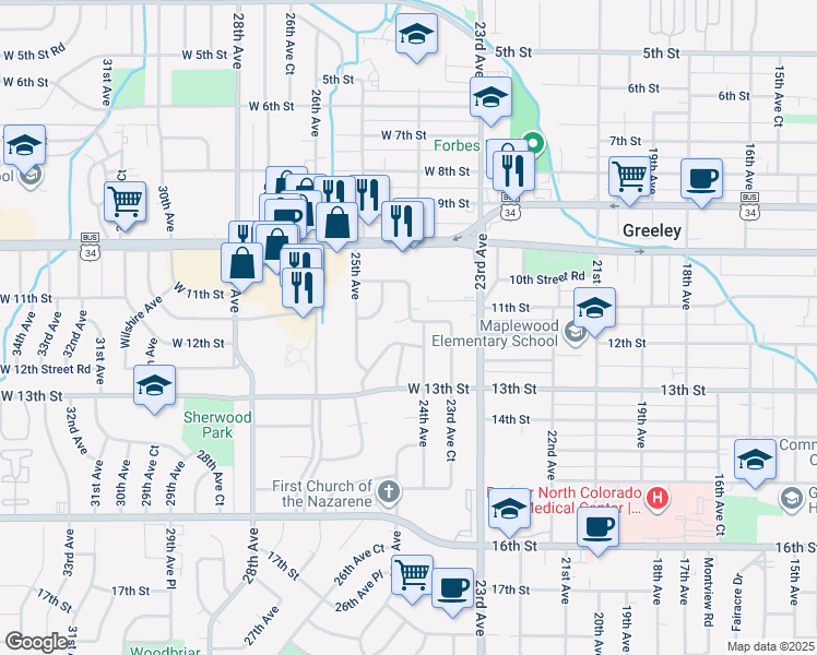 map of restaurants, bars, coffee shops, grocery stores, and more near 1104 24th Avenue in Greeley