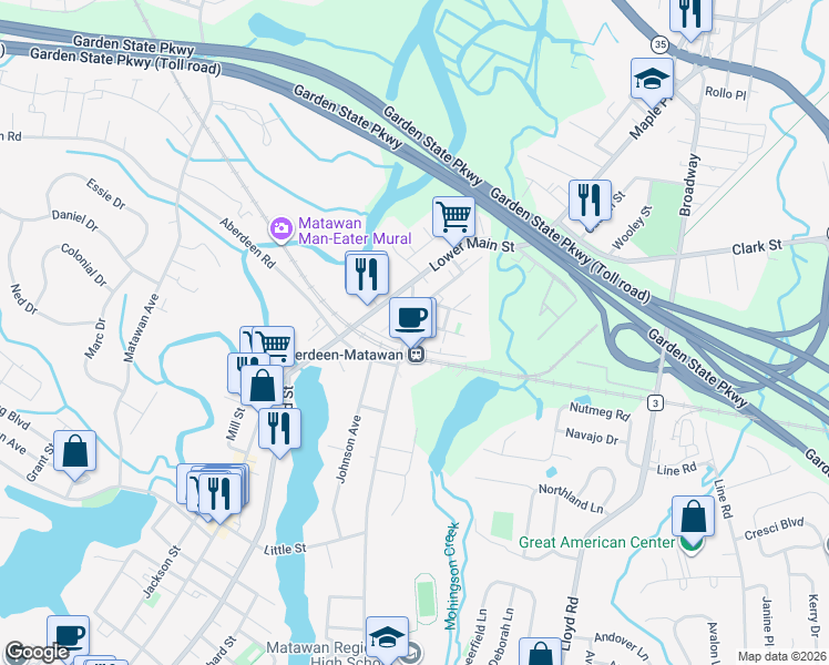 map of restaurants, bars, coffee shops, grocery stores, and more near 1000-5000 Schindler Drive in Matawan