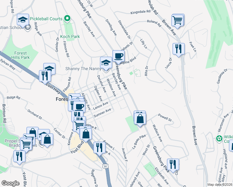 map of restaurants, bars, coffee shops, grocery stores, and more near 534 Windsor Avenue in Pittsburgh