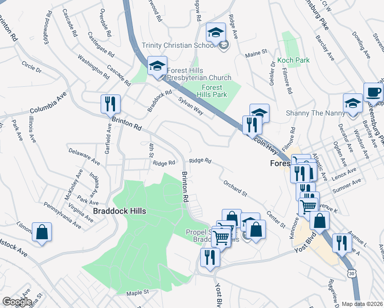 map of restaurants, bars, coffee shops, grocery stores, and more near 98 Roxbury Road in Pittsburgh
