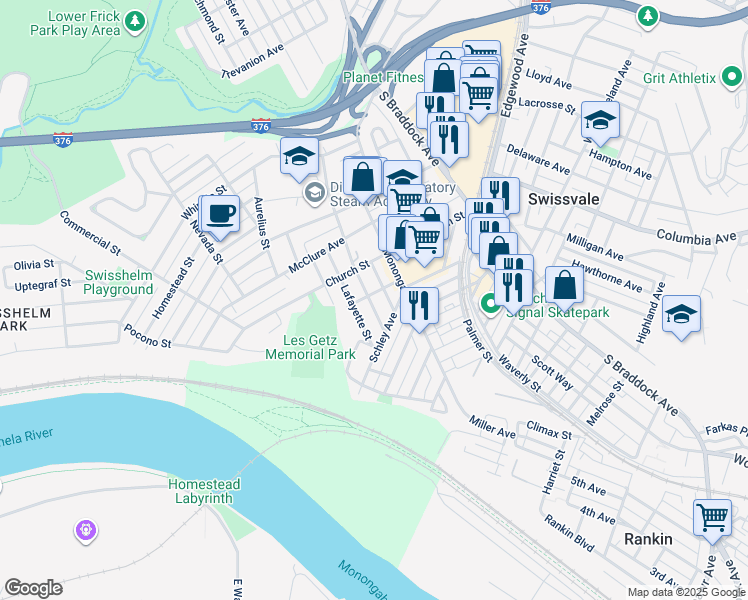 map of restaurants, bars, coffee shops, grocery stores, and more near 1926 Monroe Street in Pittsburgh