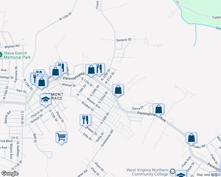 map of restaurants, bars, coffee shops, grocery stores, and more near 2105 Pennsylvania Ave in Weirton
